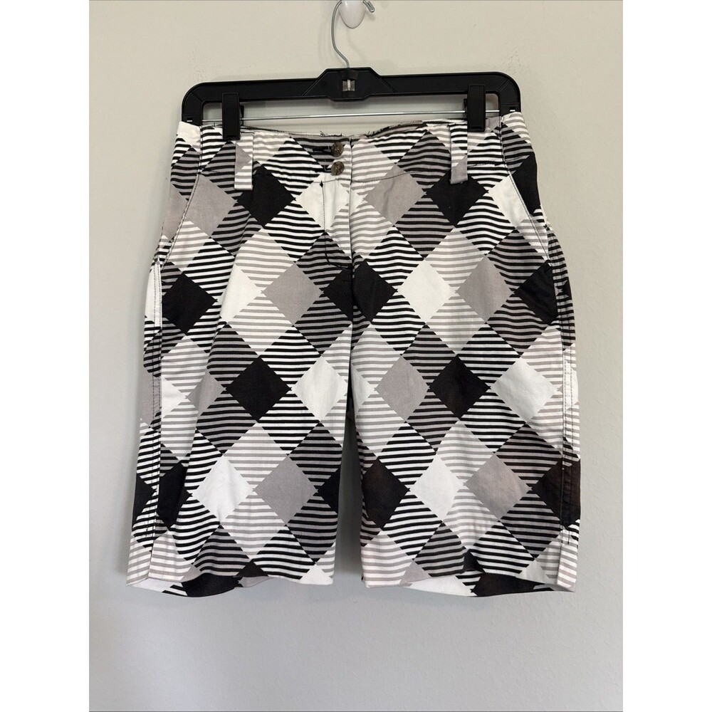 Loudmouth Ladies Bermuda Golf Shorts Black Gray White Checker Pattern Size 2